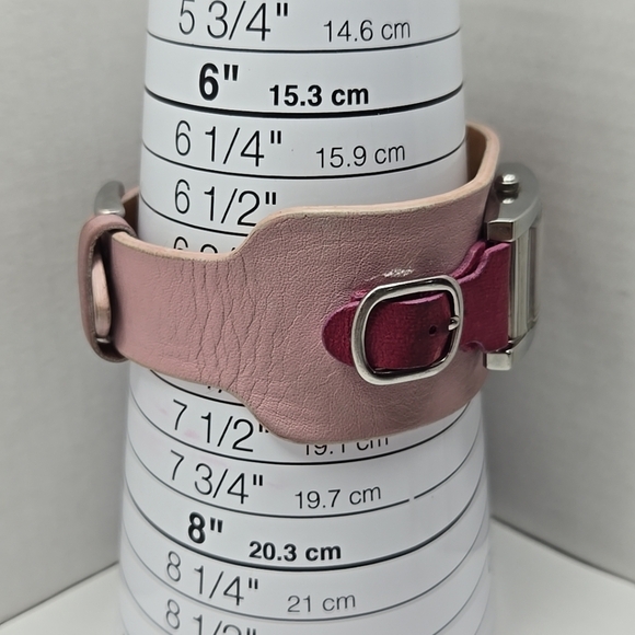 Women Guess Watch Pink Leather Wide Band Cuff Silver Case Quartz New Battery - Picture 7 of 11